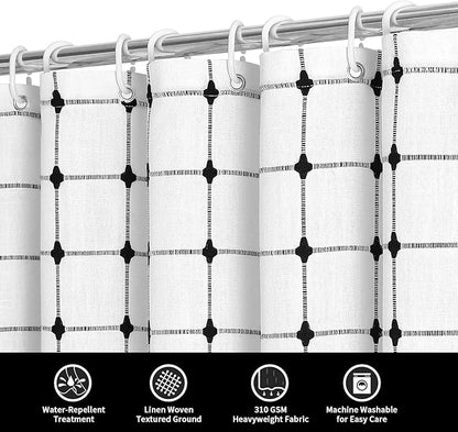 MitoVilla Ivory Black Boho Extra Long Shower Curtain 72 x 84, Modern Farmhouse 84 inch XL Polyester Linen Texture Tassel Fabric Shower Curtain Set with Hooks for Cottagecore Country Bathroom Decor