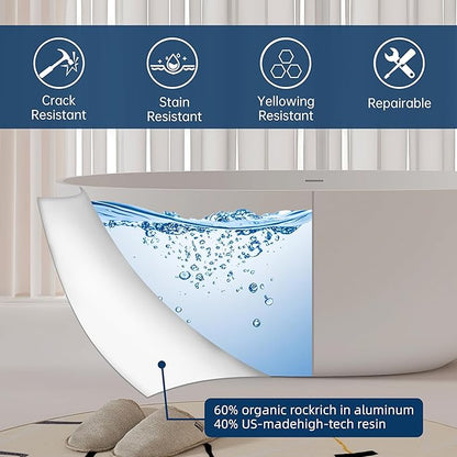 61'' Resin Stone Soaking Bathtub Oval Solid Surface Freestanding Soaking Bathtubs Matte White Soaking Tub with Overflow and Pop up Drain - White…