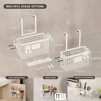 Hair Dryer Holder Cabinet Door 3-in-1 Adhesive Hair Tool Organizer Wall Mounted Adjustable Height Blow Dryer Holder Under Sink Bathroom Hair Appliance Organizer and Storage Countertop(White)