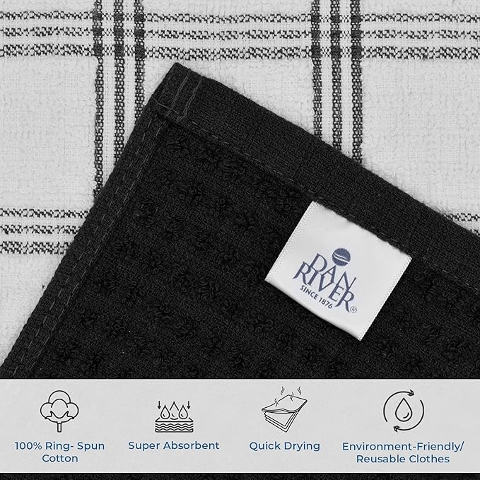 DAN RIVER Premium Dish Cloth 100% Cotton 12 X 12 Inches |Pack of 8|-Ultra Soft Tea Towels-Highly Absorbent Kitchen Rags-Terry Dishcloth for Kitchen and Household Cleaning |Black|