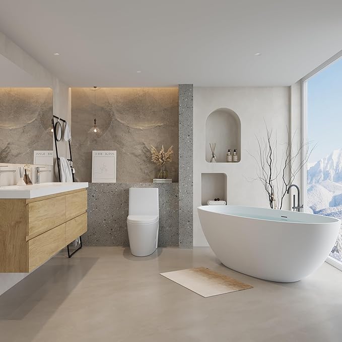 Abruzzo 65" Matte White Freestanding Solid Surface Bathtub, Luxury Handcrafted Stone Resin Freestanding Soaking Bathtub with Overflow and Pop-up Drain