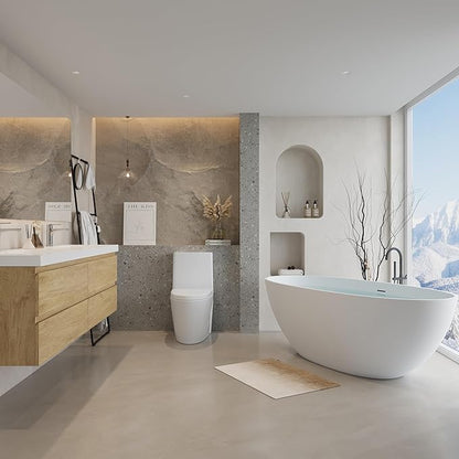 Abruzzo 65" Matte White Freestanding Solid Surface Bathtub, Luxury Handcrafted Stone Resin Freestanding Soaking Bathtub with Overflow and Pop-up Drain