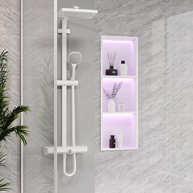 3-Tier 12x36Inch Wall Niche with RGB Lights, White Recessed Stainless Steel Shower Niche with RGB Colorful Remote Control, NO Tile Needed Bathroom Storage Organizer Waterproof