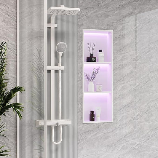 3-Tier 12x36Inch Wall Niche with RGB Lights, White Recessed Stainless Steel Shower Niche with RGB Colorful Remote Control, NO Tile Needed Bathroom Storage Organizer Waterproof