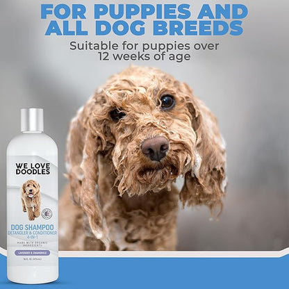 We Love Doodles 2 PACK Pet Rubber Bath Brush and Dog Shampoo (Bundle) - for Shower Scrubbing & Soothing Massage and Organic Dog Shampoo, Conditioner & Detangler - Made in The USA