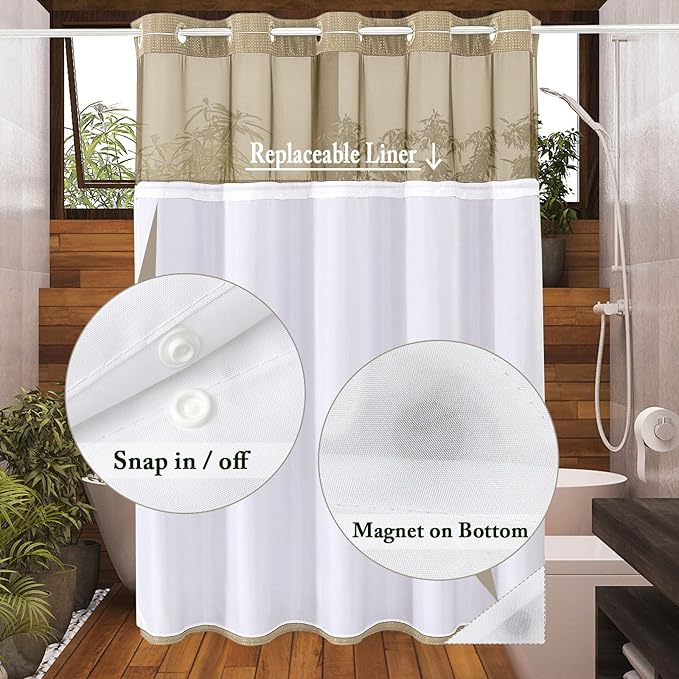Gibelle Extra Long Shower Curtain 72x86, Waffle Weave Bathroom Shower Curtain with Snap-in Fabric Liner Set, No Hooks Needed, Hotel Style with Mesh Top Window, Beige