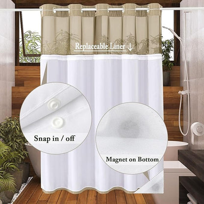 Gibelle Extra Long Shower Curtain 72x86, Waffle Weave Bathroom Shower Curtain with Snap-in Fabric Liner Set, No Hooks Needed, Hotel Style with Mesh Top Window, Beige