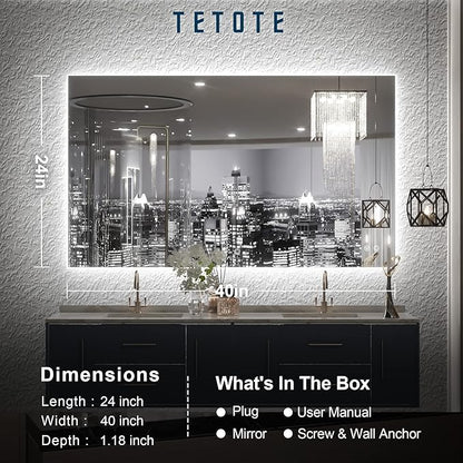 TETOTE 40 x 24 LED Backlit Vanity Mirror Bathroom,3Color White/Warm/Natural,Anti-Fog Lighted Mirror,Dimmable,Wall Mounted