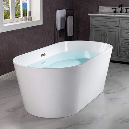 WOODBRIDGE 59" Acrylic Freestanding Bathtub Contemporary Soaking White Tub with Brushed Nickel Overflow and Drain,B0014 -B/N-Drain &O