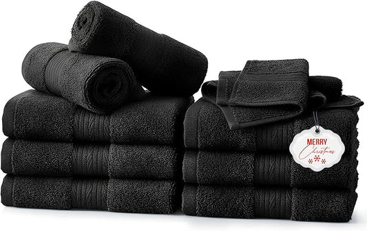 Ample Decor Wash Cloths Pack of 10, Oeko Tex Certified 600 GSM 100% Cotton Soft Absorbent, Premium Quality Durable Machine Washable, Ideal for Bathroom, Pool, Hotel, Spa – Black
