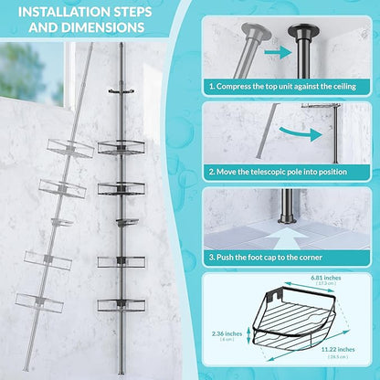 Shower Caddy Tension Pole, 4-Tier Adjustable Corner Shower Standing Caddy, Rustproof Rack for Bathroom Bathtub, with 4 Shelves, No Drilling Corner Bathroom Shelf for Inside (Black)