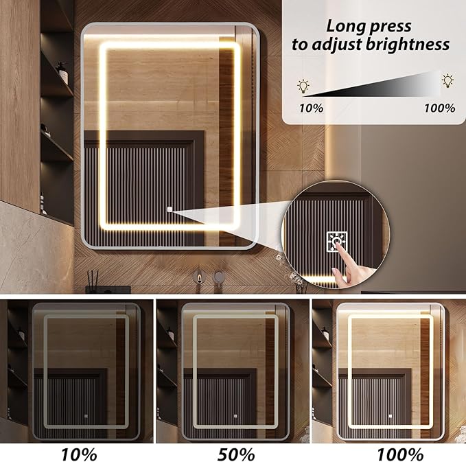 APRILSOUL 20X30 Inch Silver Bathroom Medicine Cabinet with Mirror, Recessed or Surface Lighted Medicine Cabinet with 3 Colors Temperature, Dimmable Light