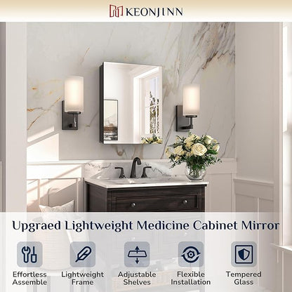 Keonjinn Small Black Medicine Cabinet 14.5 x 18.5 Inch, Assembly Needed, One Shelf Only, Bathroom Mirrored Medicine Cabinet, Lightweight, Freely Adjustable Shelves, Recessed or Wall Mount