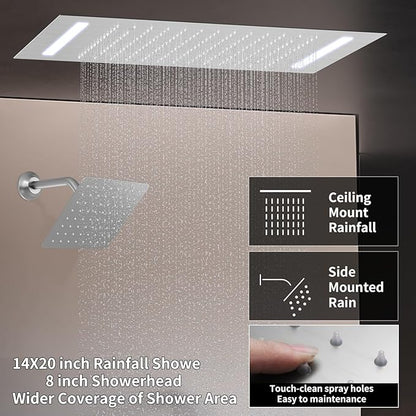 Digital Display Shower System Brushed Nickel Shower Faucet Set with 14X20 inch Ceiling Mounted Shower Head and 8 inch Wall Mounted Shower Head Combo, Handheld Shower