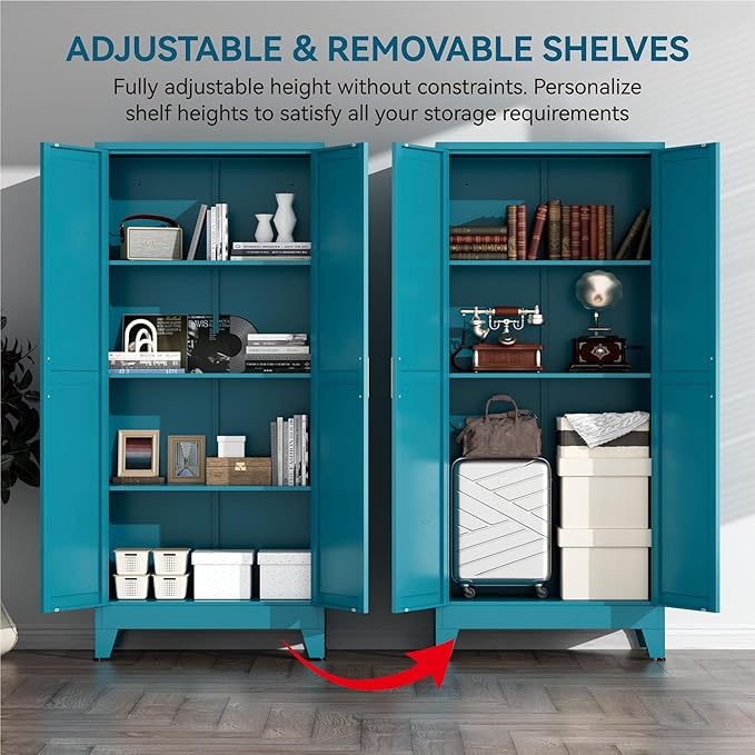 Metal Cabinets with Barn Doors and Adjustable Shelves,61" Tall Storage Cabinet,4-Tier Storage Cupboard for Kitchen,Dining Room,Garage,Bathroom,Blue