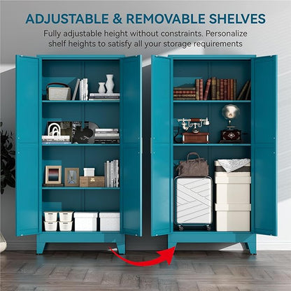 Metal Cabinets with Barn Doors and Adjustable Shelves,61" Tall Storage Cabinet,4-Tier Storage Cupboard for Kitchen,Dining Room,Garage,Bathroom,Blue