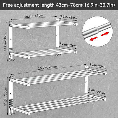 Adjustable Towel Bar for Bathroom Wall Mount17-30.7inch Adhesive Shower Towel Rack Stainless Steel Bath Towel Holders for Toilet Kitchen Double Towel Hanger (Double Towel Rack)