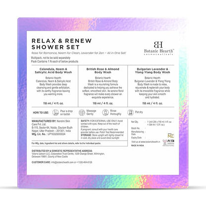 Botanic Hearth Relax & Renew Body Wash Set – British Rose, Lavender & Calendula Neem, Travel-Size 3-Pack, Gentle Cleansing Shower Gel – 4 fl oz Each
