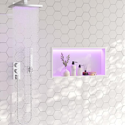 White Stainless Steel Shower Niche 24x12Inch, Dimmable RGB Led Light Wall Niche, No Tile Needed Recessed Niches for Bathroom Storage Built-in Installation