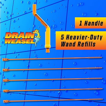 FlexiSnake Pro Drain Weasel Sink Snake Cleaner with New Molded Tip - 18″ - Drain Snake Clog Remover Tool with Rotating Handle & 5 Wand Refills - Easy to Use on Drains & Grates - Made in USA - 5-Pack