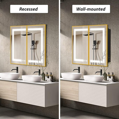 APRILSOUL 40X32 Inch Gold Bathroom Medicine Cabinet with Mirror, Recessed or Surface Lighted Medicine Cabinet with 3 Colors Temperature, Dimmable Light