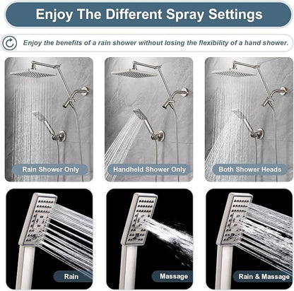 BRIGHT SHOWERS High Pressure Rain Shower Head Combo with Double Extension Arm, 8 Inch Rainfall Shower Head with Handheld Spray, Height Adjustable Dual Square Showerhead Set, Brushed Nickel