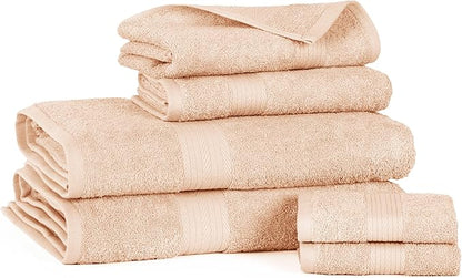 Ample Decor 100% Cotton 6 Piece Bathroom Towels Set, 2 Bath Towels, 2 Hand Towels, 2 Washcloths, Quick Drying - Beige Towel Sets