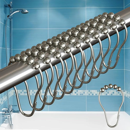 BigFoot Shower Curtain Hooks, Durable Stainless Steel, Rust Resistant, Easy Installation & Smooth Glide, Fits Standard Shower Rods, Metal Curtain Rings, 12 Pieces, Nickel Color