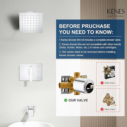 KENES Chrome Tub and Shower Trim Kit, Square Tub Shower Faucet Set Complete with 6-Inch Rainfall Shower Head and Tub Spout, KE-6025A-5 (Shower Valve Included)