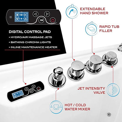 ANZZI Walk-In Whirlpool & Air Tub 27"x53" Left Drain, LED Lights, 30 Jets, Aromatherapy, Chromatherapy, Heater, Faucet & Handheld Shower, White Acrylic Spa Bathtub | 2753WILWD