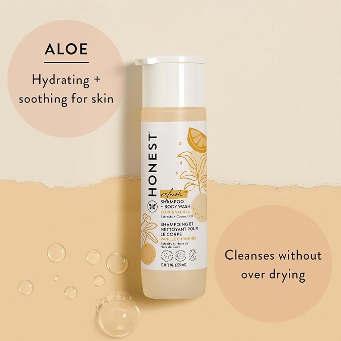 The Honest Company 2-in-1 Cleansing Shampoo Body Wash Gentle for Baby Naturally Derived Tear-free Hypoallergenic Citrus Vanilla Refresh 18 fl oz