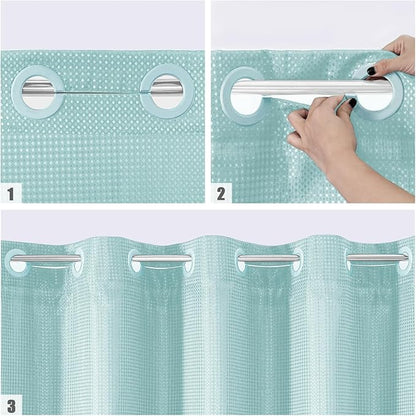 MitoVilla Teal No Hooks Needed Waffle Shower Curtain Liner Set, Turquoise Modern Waffle Weave Heavy Fabric Cloth Shower Curtain with Snap-in Liner for Aqua Luxury Neutral Hotel Spa Bathroom Decor