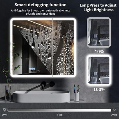 BEAUTYPEAK 36 x 32 LED Bathroom Medicine Cabinet Mirror, Adjustable Shelves, Silver Aluminum Cabinet, Anti-Fog Stepless Dimmable 3 Colors White/Natural/Warm, Easy to Install(Wall Mount/Recessed)