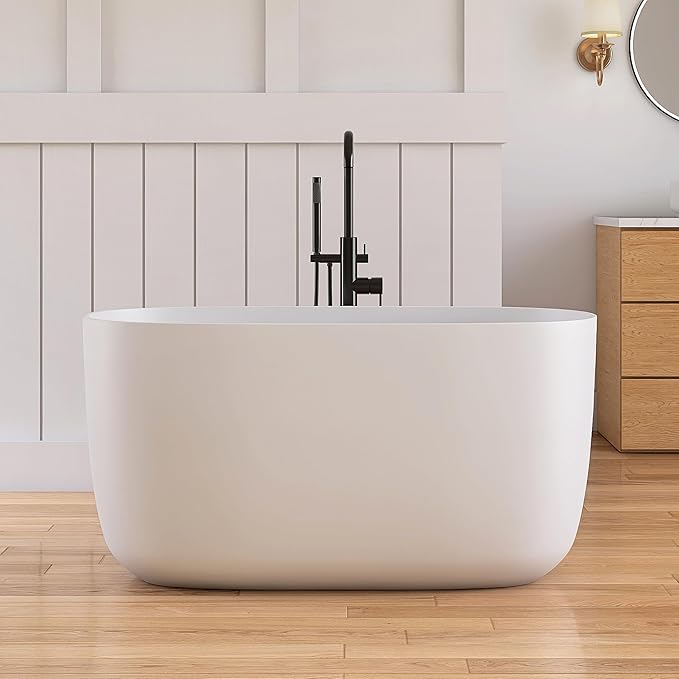 47" Stone Resin Freestanding Bathtub, Oval Solid Surface Bathroom Freestanding Tub, Thin Edge Stand Alone Tub with Integrated Slotted Overflow and Pop-up Drain, Matte White AMG025-1200