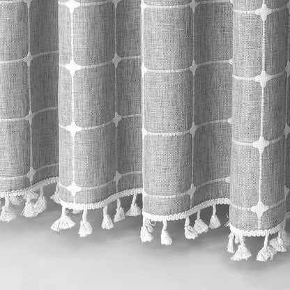 MitoVilla No Hooks Needed Boho Farmhouse Shower Curtain with Snap-in Liner, Cotton Linen Fabric Shower Curtains with Tassels for Rustic Neutral Bathroom Decor, Grey, 72 x 74