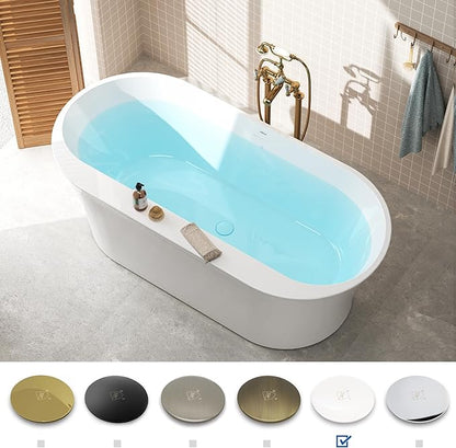 FerdY Mauritius 67" Acrylic Freestanding Tub, Oval Contemporary Soaker Tub, Extra Deep Bathtub,Gloss White Drainage and Minimalist Linear Design Overflow, Modern White, cUPC Certified