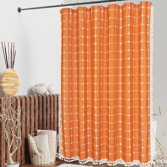 MitoVilla Orange Boho Shower Curtains for Modern Farmhouse Bathroom Decor, Vintage Country Thick Polyester Linen Fabric Shower Curtain, Rustic Tassel Cloth Shower Curtain, 72 x 72