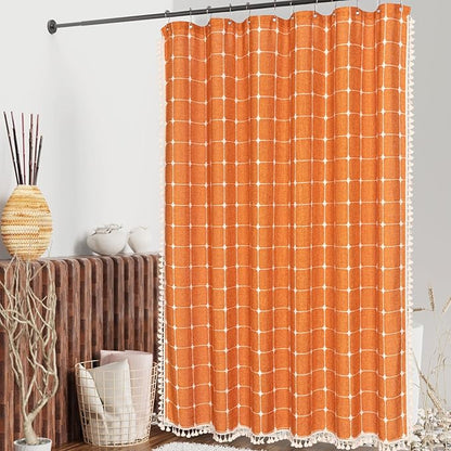 MitoVilla Orange Boho Shower Curtains for Modern Farmhouse Bathroom Decor, Vintage Country Thick Polyester Linen Fabric Shower Curtain, Rustic Tassel Cloth Shower Curtain, 72 x 72