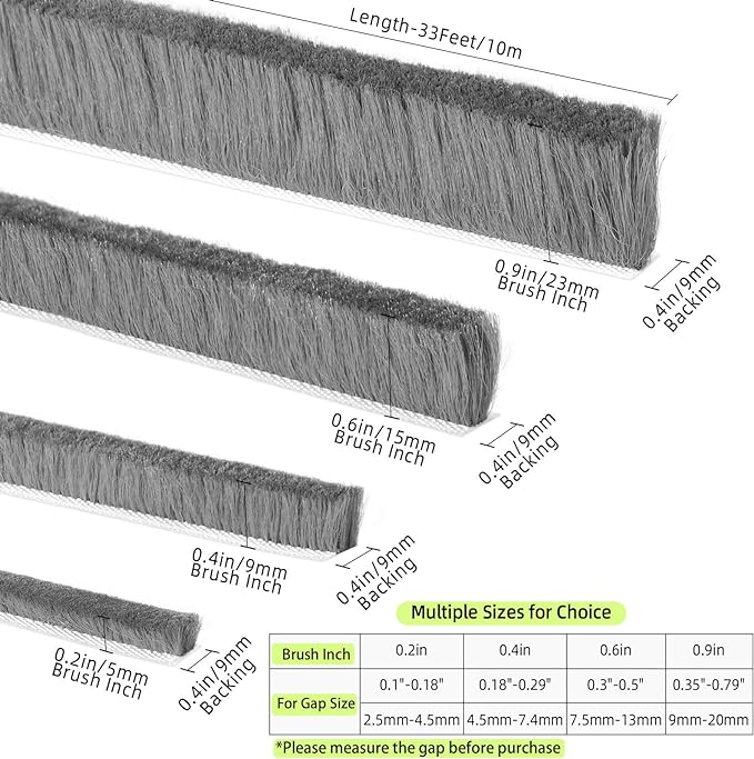Door Brush Seal, 33Feet, Felt Pile Weather Stripping for Doors, Weather Strip for Windows Cabinet, Self Adhesive Draft Blocker, Dust Stopper Sliding Door Seal Winter, Grey 10m
