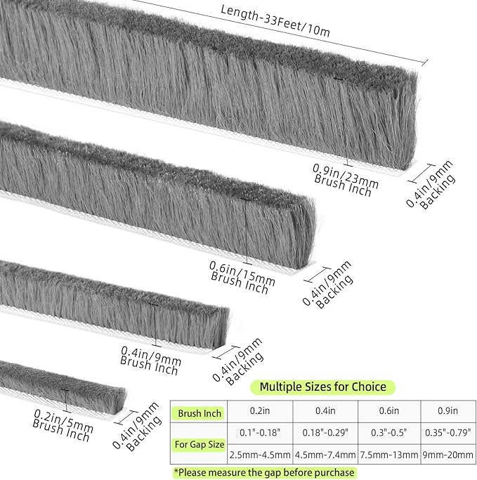 Door Brush Seal, 33Feet, Felt Pile Weather Stripping for Doors, Weather Strip for Windows Cabinet, Self Adhesive Draft Blocker, Dust Stopper Sliding Door Seal Winter, Grey 10m