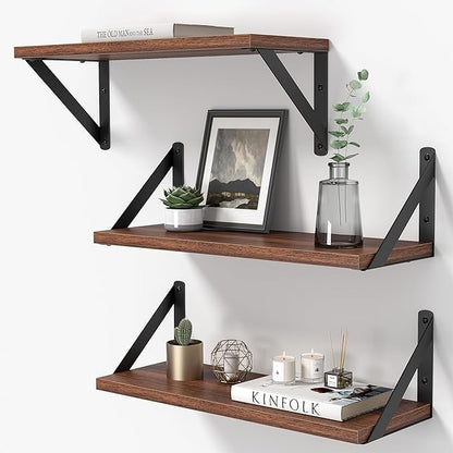Heimlove Floating Shelves for Wall, 16 Inch Long Wood Floating Shelves Set of 3, Wall Mounted Hanging Shelf for Bathroom Bedroom Kitchen, Walnut