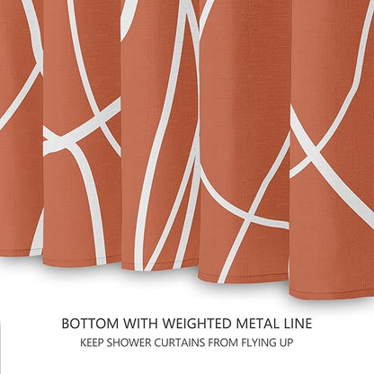 Tititex Morden 140gms Faux Linen Fabric Bath Shower Curtain Set Textured Fabric with Caramel White Curve Pattern 72x72 Inch Water Resistant Bathroom Curtains, Weighted Hem & Hooksfor Hotel/Home