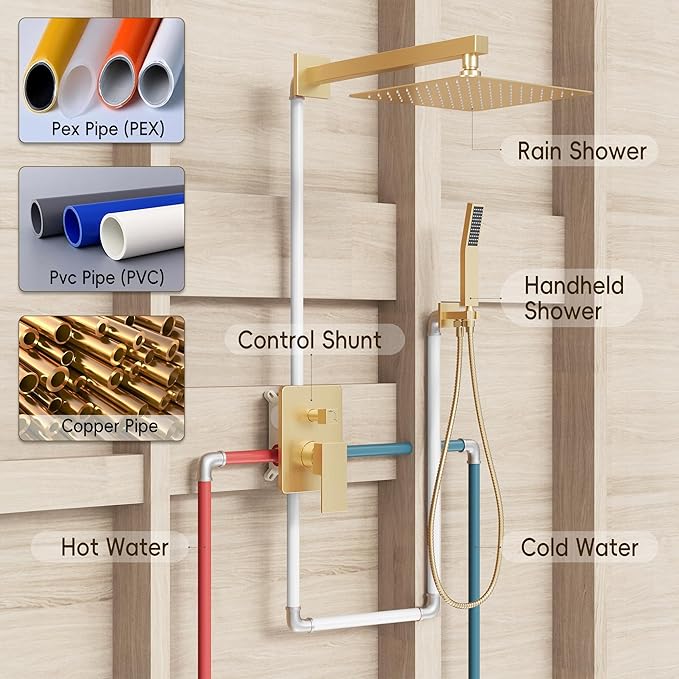 Gold Shower System, Shower Faucet Set with High Pressure 12 inch Shower Head and HandHeld, Wall Mounted Bathroom Shower Head Set,Shower Faucet Rough-in Valve and Trim Kit, Brushed,Gold