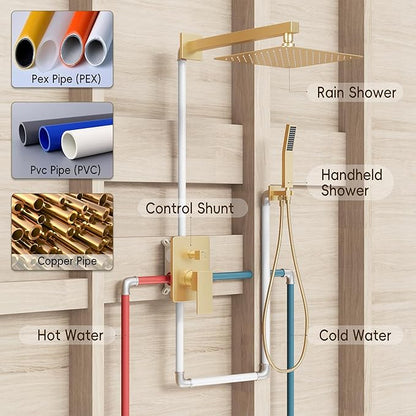 Gold Shower System, Shower Faucet Set with 10" Rain Showerhead and Handheld Combo Spray, Bathroom Wall Mounted High Pressure Shower Combo Set Included Valve and Trim, Brushed Gold
