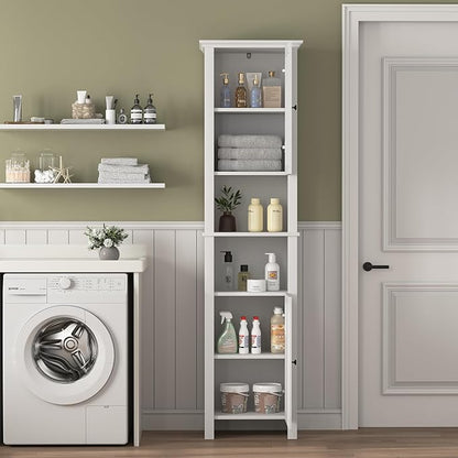Tall Bathroom Storage Cabinet with Adjustable Shelves,66.92" H Slim 1-Door Freestanding Cabinet for Small Spaces, Bathroom,Kitchen, Living Room,White (Farmhouse)