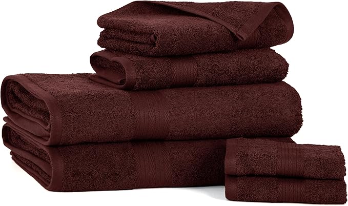 Ample Decor 100% Cotton Bathroom Towels Set of 6-2 Bath Towels, 2 Hand Towels, 2 Wash Cloths, Quick Drying - Brown Towel Sets