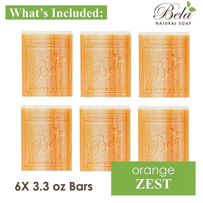 BELA Orange Zest Soap Bars 3.3 OZ Pack of 6, French Triple Milled Bar Soap with Organic Shea Butter Soap Bar for All Skin Types Long Lasting, Made in Australia