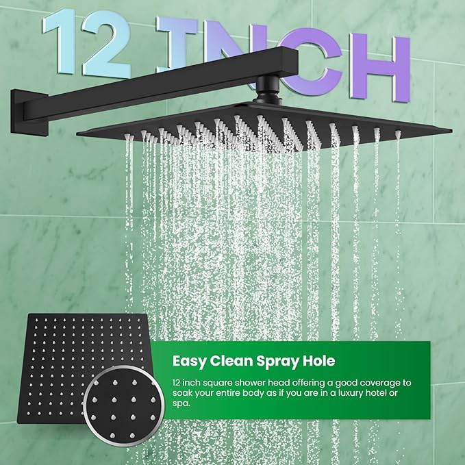gotonovo Rainfall Bathroom Shower System Rain Shower Head and Handle Set Wall Mounted Shower Complete Combo Solid Brass Pressure Balancing Shower Mixer Valve 12 Inch Matte Black