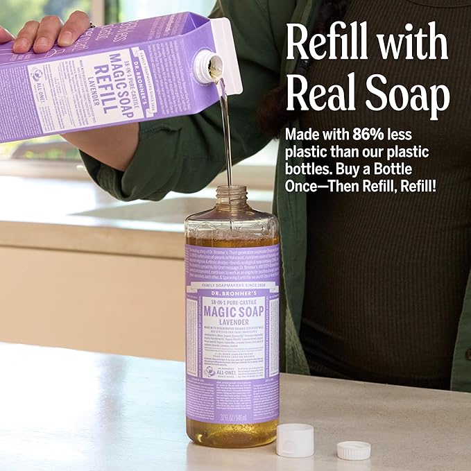 Dr. Bronner's Pure-Castile Liquid Magic Soap Bottle & Refill Carton - Made with Regenerative Organic Certified Oils, 86% Less Plastic per Quart - For Face, Body Wash, Hand Soap Refill- Lavender, 32oz