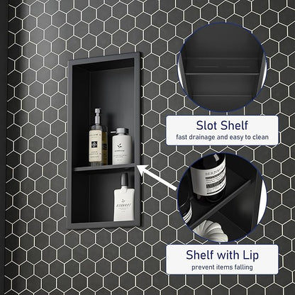Stainless Steel Shower Niche 8"×18" with Shelf Matte Black No Tiled Needed Niche Shower for Bathroom Wall Recessed Shower Shelf for Bathroom Storage